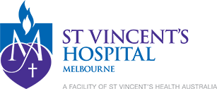 St Vincents Hospital, Melbourne Blue shield with white flame at the top and stylized purple heart at the base surrounding a white Christian cross and a large capital letter M