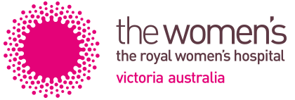 The Royal Women's Hospital A stylised pink star with dots radiating from it, and the words the royal women's hospital